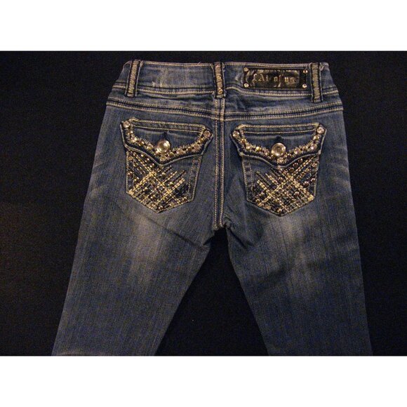 LA Idol USA Womens Jeans Blue Low-Rise Distress 1 Bootcut Flare Rhinestone - Picture 2 of 11